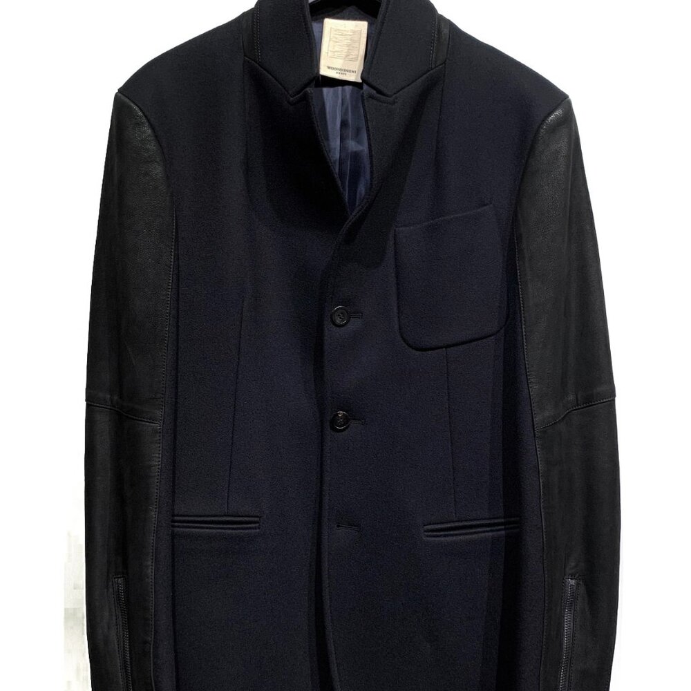 Wooyoungmi Navy Wool Blazer Jacket with Black Leather Sleeves